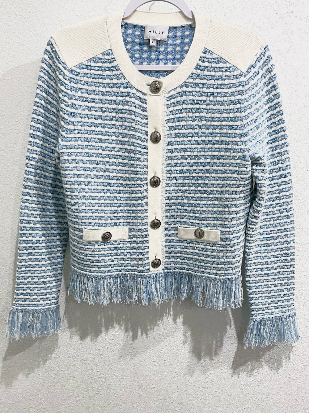 MILLY Tweed Frayed Button Cardigan Jacket Luxury Preppy Textured White Blue